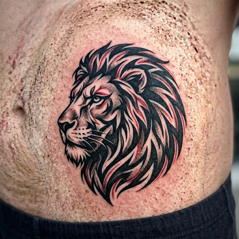 Powerful Lion Tattoo - Tribal Style Design for Masculine Energy