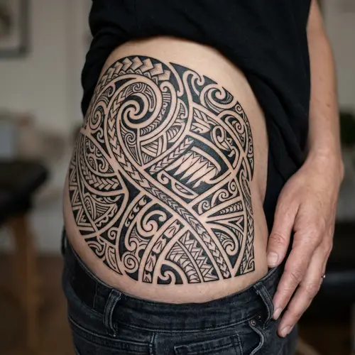 Black Ink Tribal Cover-Up Tattoo Below Waistline | Geometric Maori Style