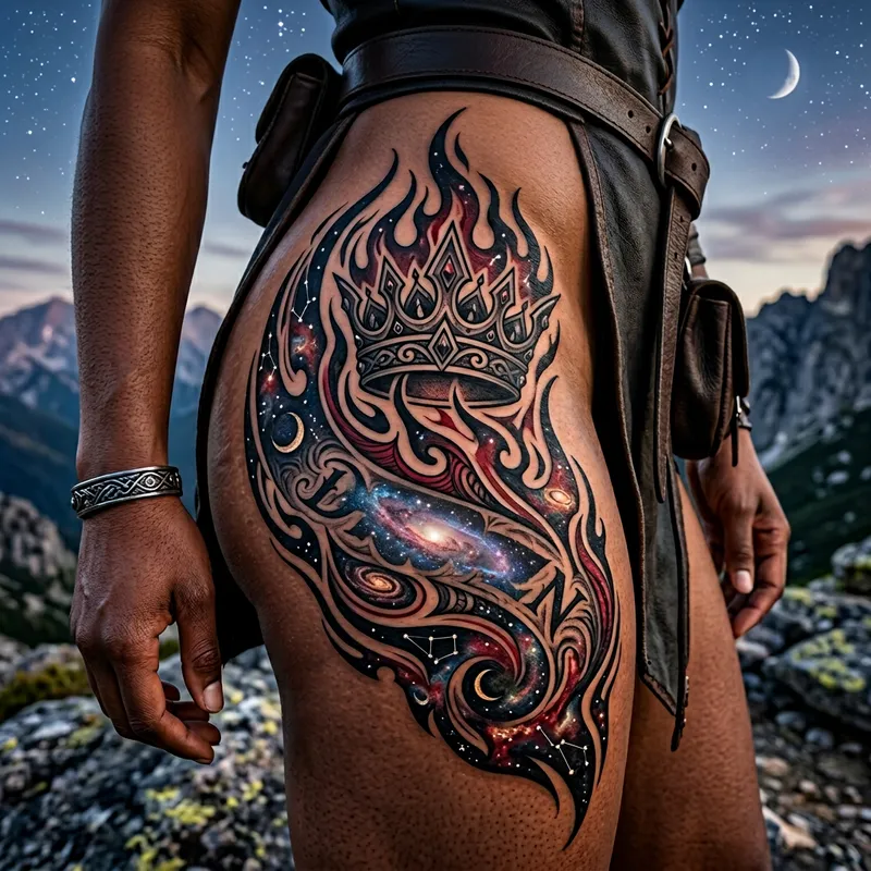 Regal Crown & Tribal Flame Tattoo Design | Cosmic Theme