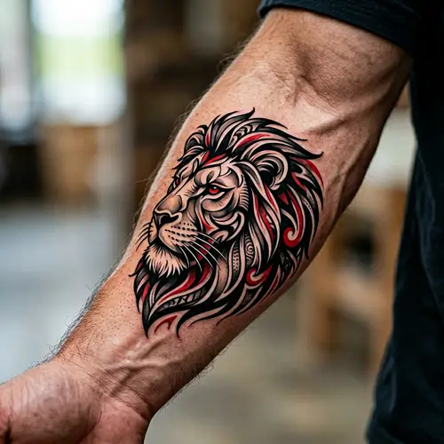 Fearsome Lion Tribal Tattoo Design for Lower Arm Placement
