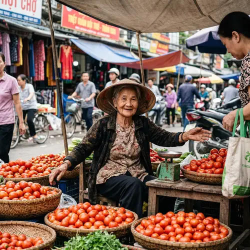 Elderly Vietnamese Woman Selling Tomatoes