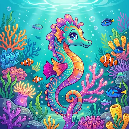 Modern Colorful Cartoon Sea Horse Art