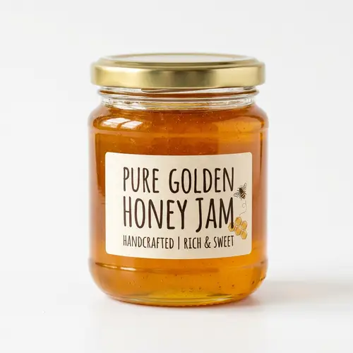 Golden Honey Jam in Glass Jar on White Background
