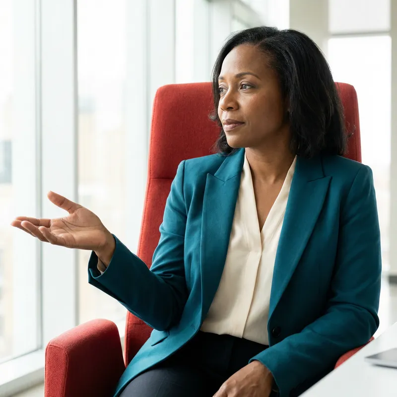 Forties African Woman Reaching In Red Office Chair
