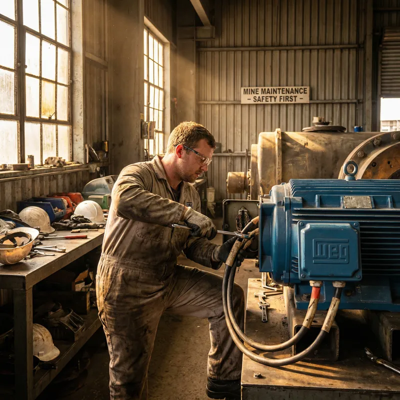 Male Mechanic Removing Energy from W22 Weg Electric Motor in Mining Company Workshop