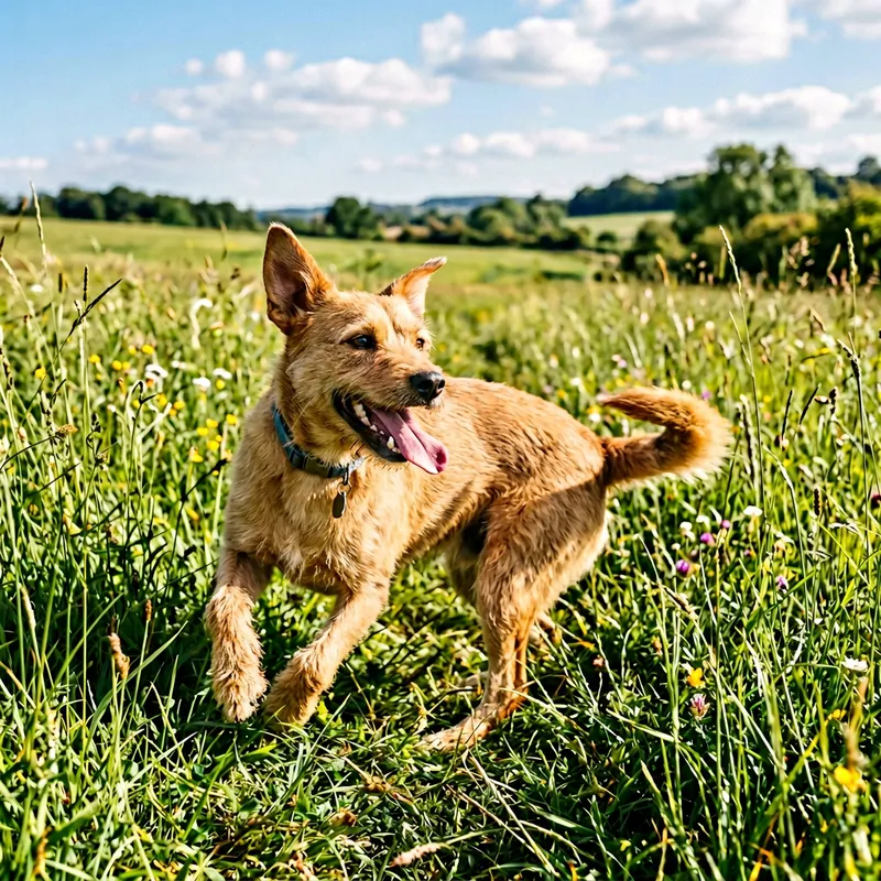 Cute Dog Romping in Lush Green Grass