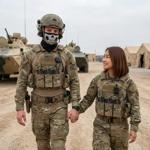 Military Couple in Combat Gear - Caucasian Man and Asian Woman