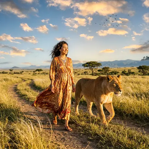 Embracing Nature: Kazakh Woman and Lioness Connection