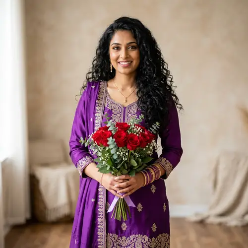 South Asian Woman in Vibrant Purple Salwar Kameez with Red Roses