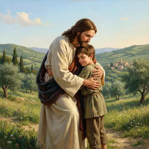 Jesus Christ Embracing a Boy: A Peaceful Scene