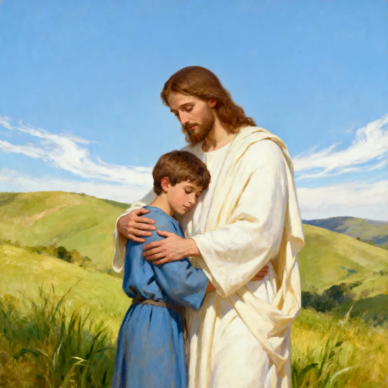 Jesus Christ Embracing a Boy: A Peaceful Scene