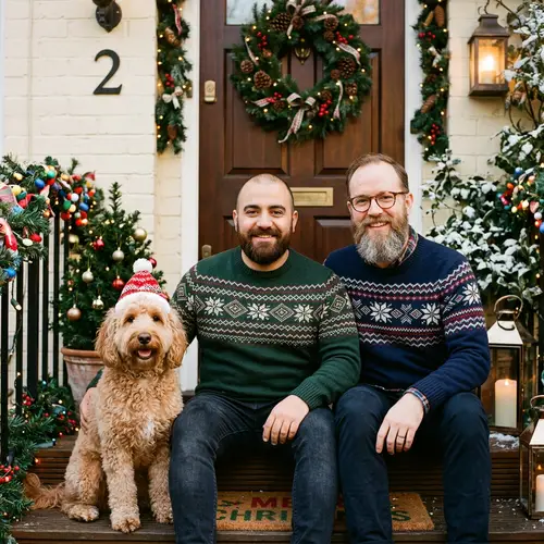 Festive Labradoodle and Two Men at Doorstep | Unique Features