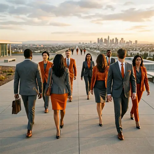 Diverse Group of Bankers in Orange & Grey Attire Walking Towards Horizon