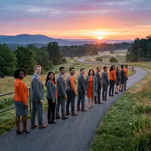 Diverse Group of Orange and Grey Dressed Bankers Walking Towards Dawn