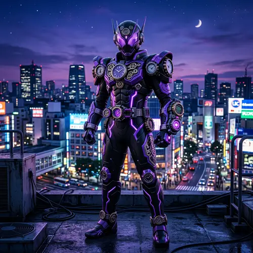 Futuristic Black and Purple Armored Superhero with Clock Elements