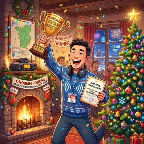 Joyful East Asian Male Wins New Year Contest in Perm Territory