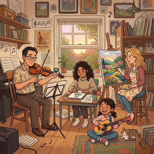 Creative Family Scene with Musical Instruments and Art Supplies