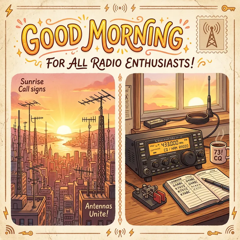 Good Morning Postcard for Radio Amateurs | Sunrise Cityscape & Portable Radio Station