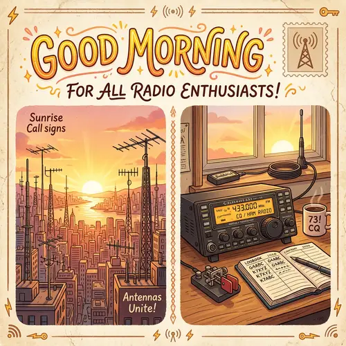 Good Morning Postcard for Radio Enthusiasts | Sunrise Cityscape