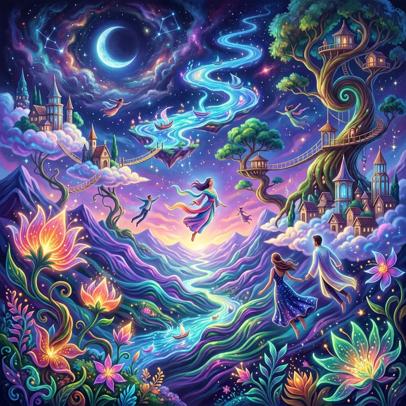 Vivid Surrealism: Colorful Extravaganza with Floating Rivers & Radiant Flora