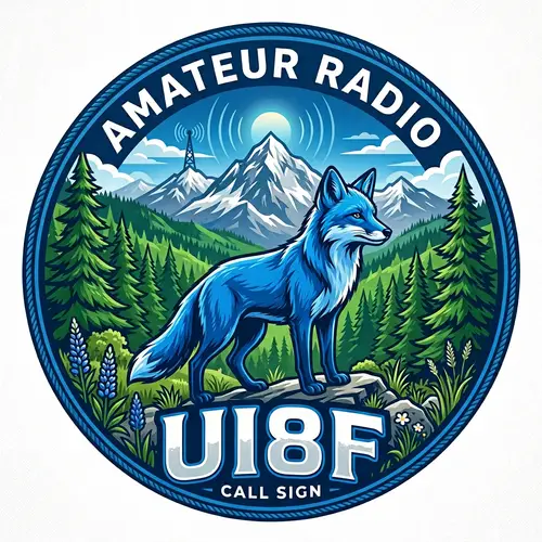 UI8F Logo: Blue Fox & Mountain Forest | Amateur Radio Call Sign