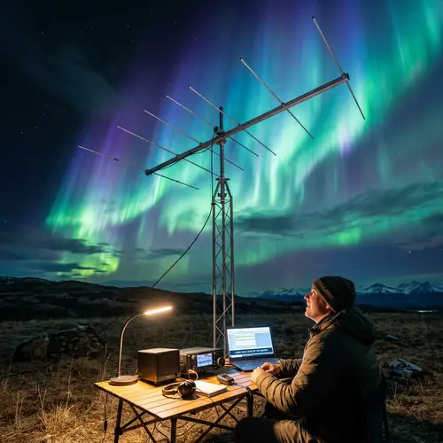 Ham Radio Transceiver Setup with Yagi Antenna under Aurora Borealis