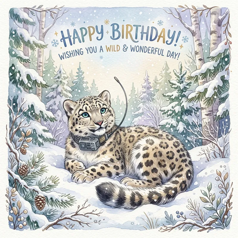 Whimsical Snow Leopard Birthday Postcard Art