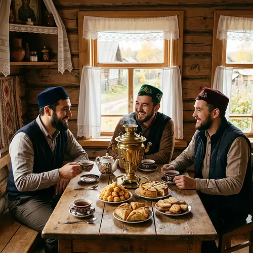 Tatar Men Enjoying Tea and Cakes in Rustic Village House