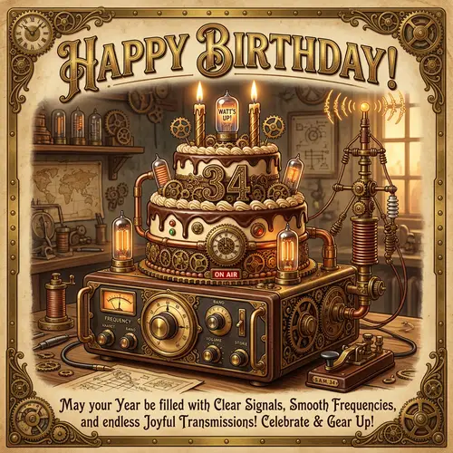 Steampunk Birthday Greeting Card Design with Radio Elements and Decorative Cake