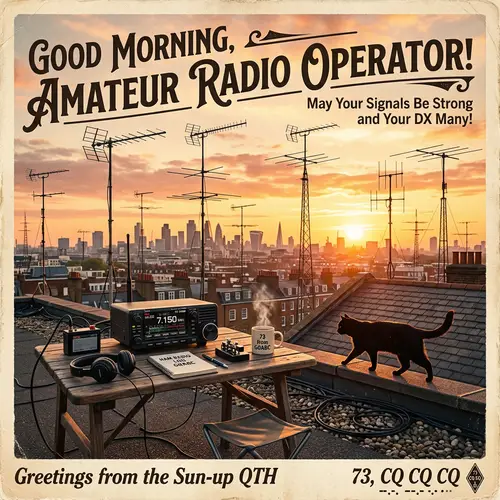 Good Morning Postcard for Radio Amateurs: City Sunrise Scene