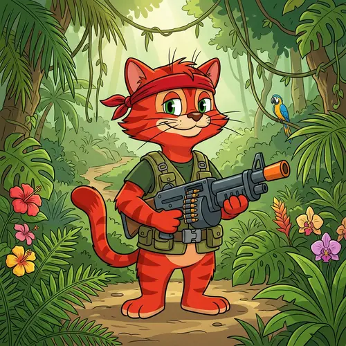 Action-Packed Red Cat Character in Lush Jungle | Brand Name