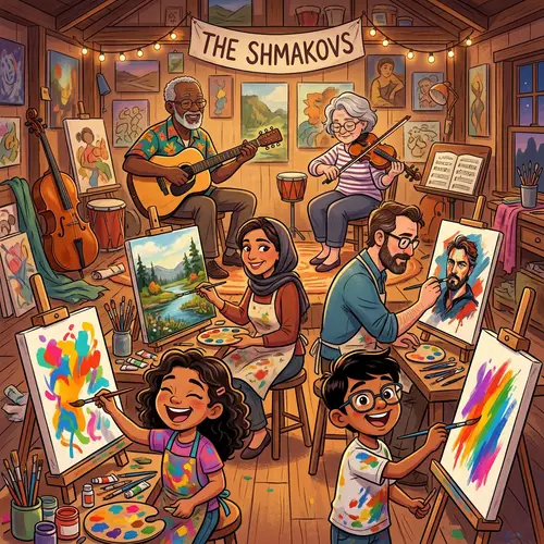 Shmakov Superfamily: Animated Creative Ensemble with Musical Instruments and Paints