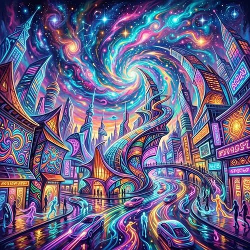 Psychedelic Swirling Cityscape | Vibrant & Abstract Artwork