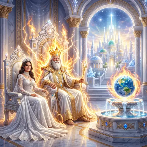 Fiery Grandeur in Divine City: Elderly Man and Beautiful Woman