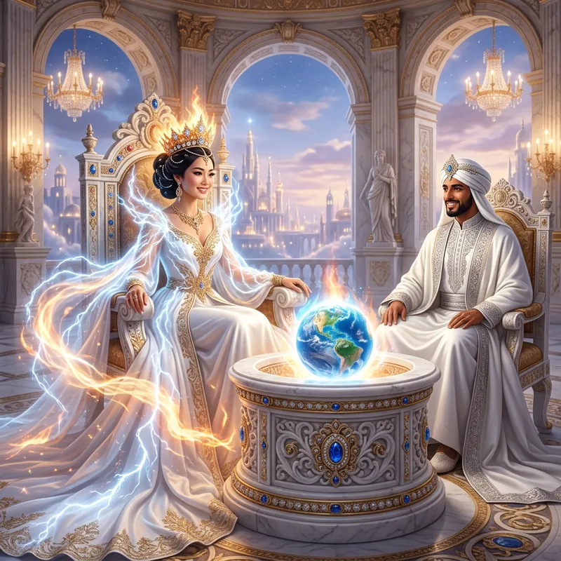 Breathtaking Asian Woman in Fiery White Dress | Divine Throne of Radiance