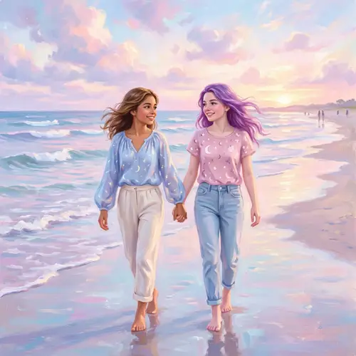 Romantic Anime Girls' First Date at Beach with Celestial Bikinis