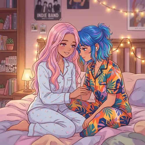 Ethereal Anime Girls' First Kiss in Cozy Bedroom Setting
