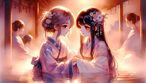 Intimate Anime Girls Bathing in Serene Hot Spring | Studio Ghibli Style