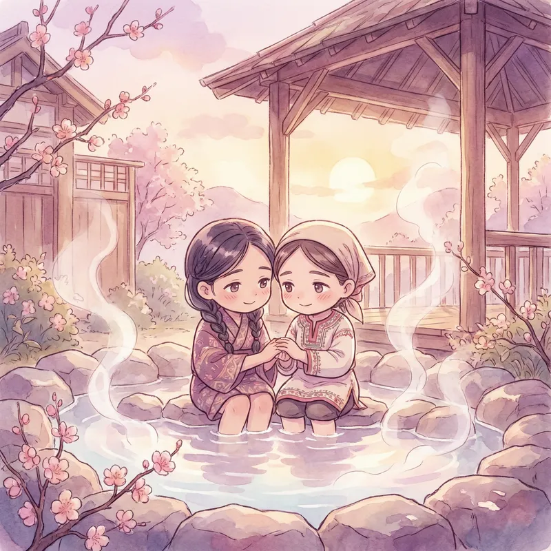 Tender Anime Girls Embracing Love in Ethereal Hot Spring