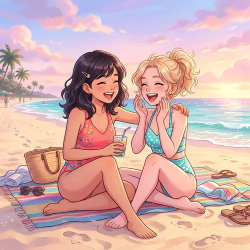 Anime Girls in Colorful Swimsuits | Beach Friendship Moment
