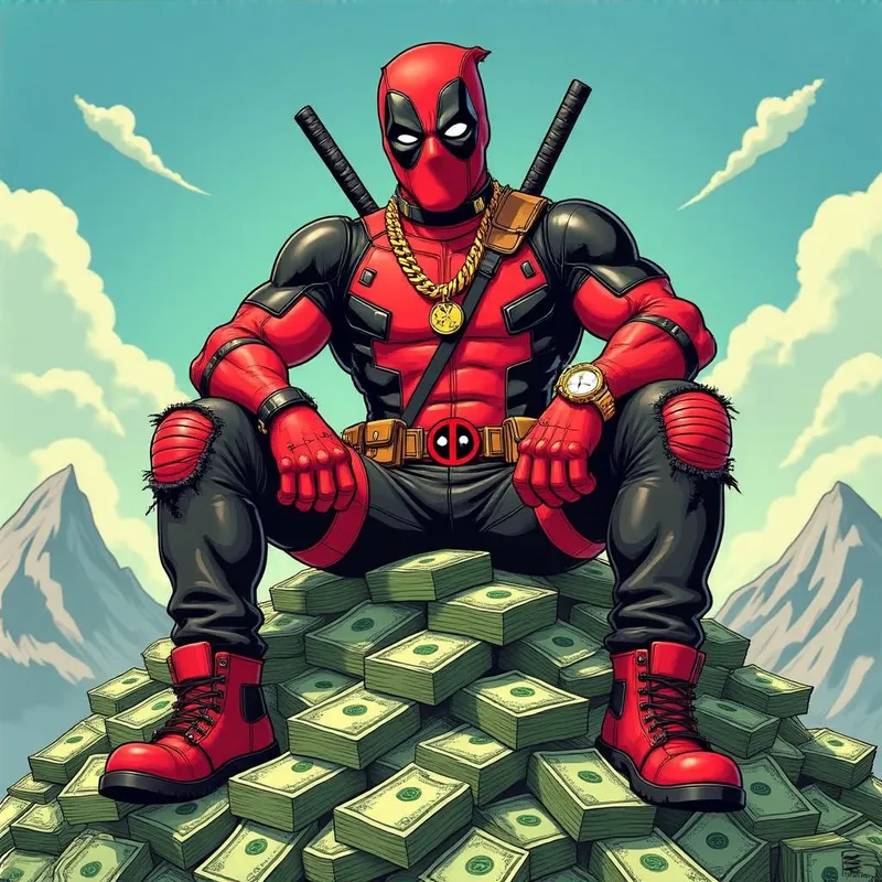 Deadpool on a Mountain of Cash - Playful Illustration