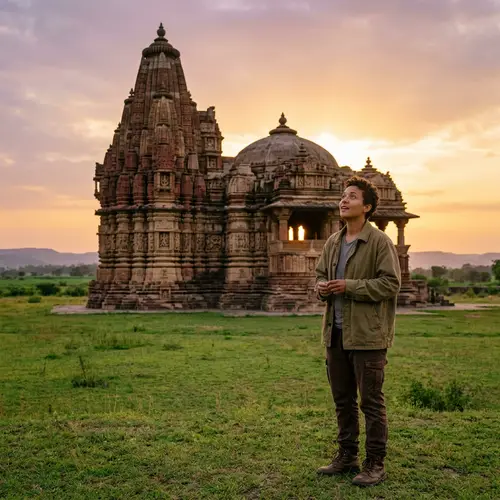 Ancient Temple Visit: Enraptured Traveler at Majestic Shrine