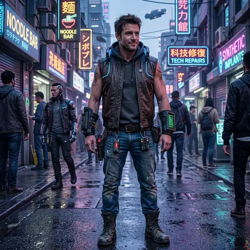 Rugged Cyberpunk Male Character in Brown Leather Vest & Blue Jeans