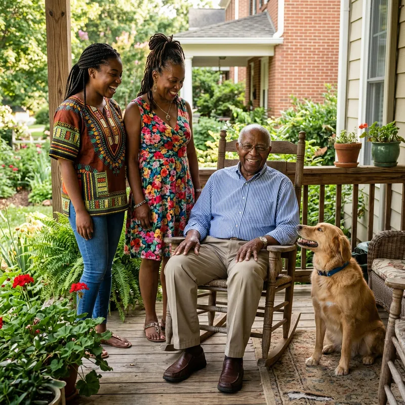 Two Black Women in Outfits with Senior Man and Dog