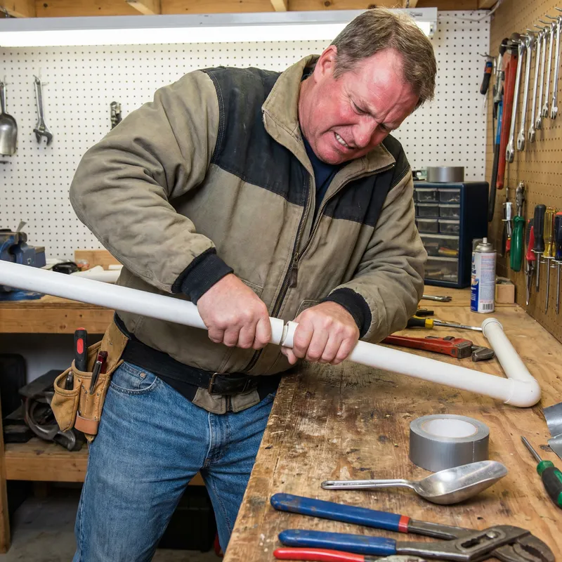 Handyman Demonstrating Assembly of PVC Pipes - Step-by-Step Guide