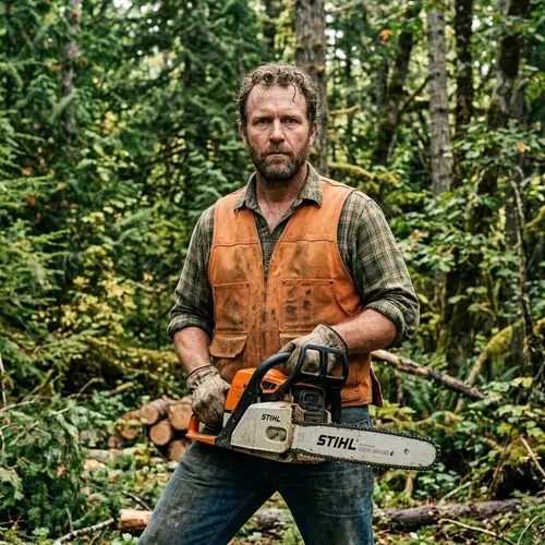 Experienced Lumberjack with Chainsaw in Dense Forest