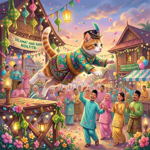 Playful Cat in Traditional Malay Raya Celebration
