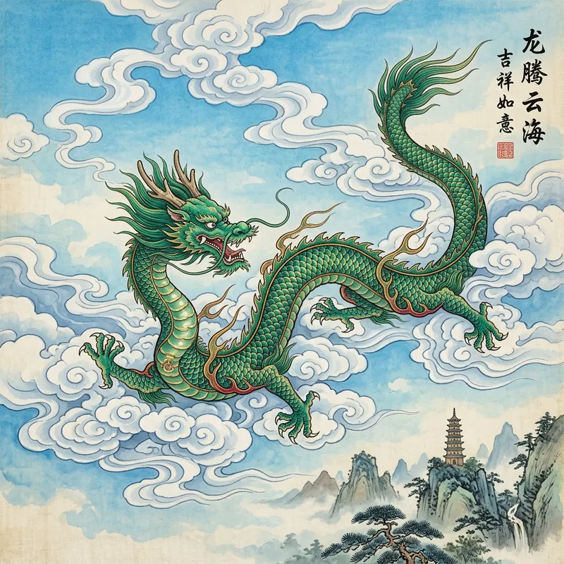 Emerald Green Dragon in Traditional Chinese Art with Clouds