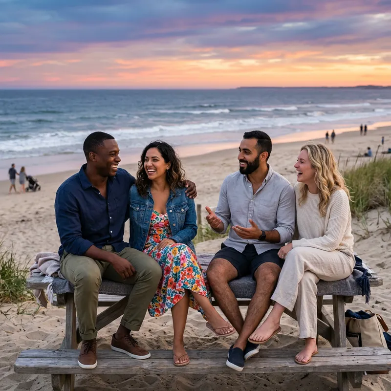 Cute Couples Talking at Beach Sunset Bench Conversation