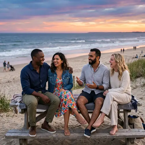 Diverse Couples Enjoying Beach Sunset Conversation